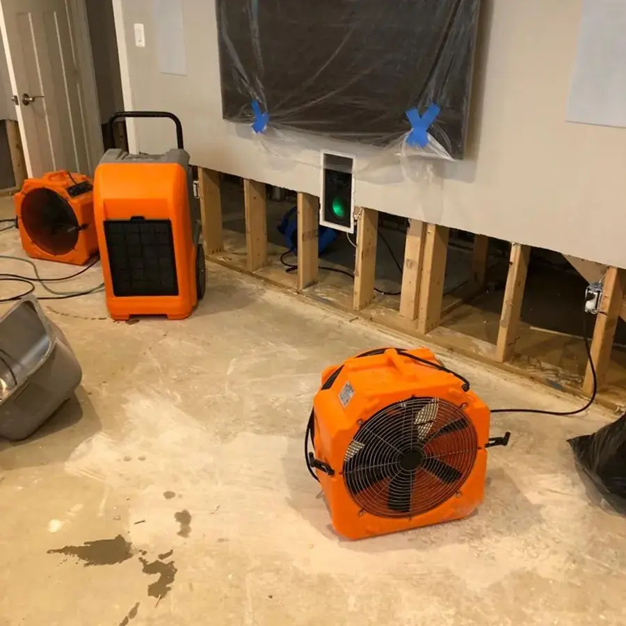 Air movers and a dehumidifier drying walls cut open above the baseboard