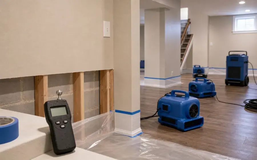 Moisture meter in front of flood-cut basement walls with air movers drying a Germantown basement