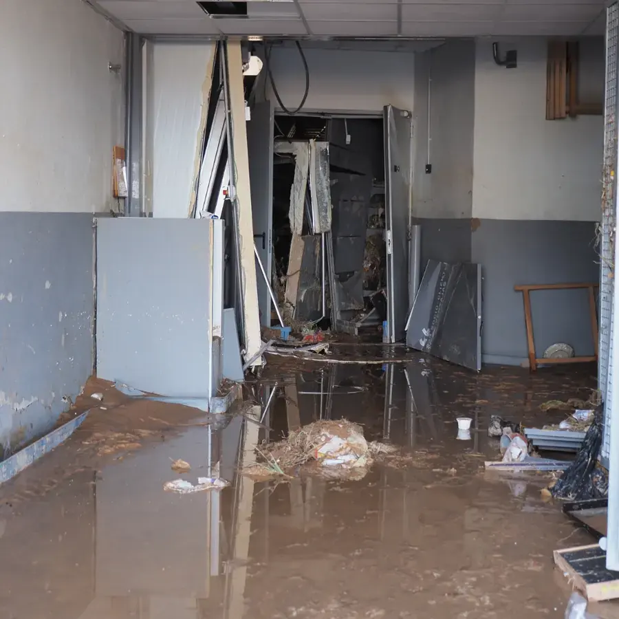 Gutted lower level with muddy flood water and debris across the floor