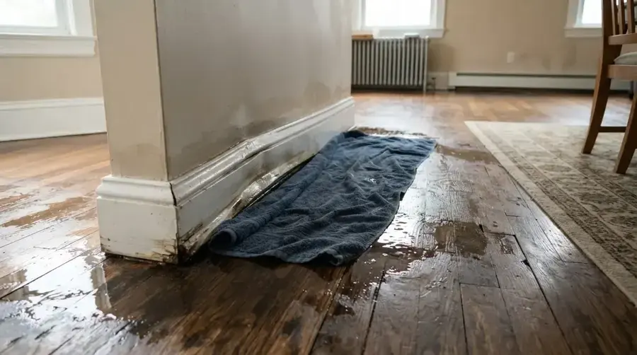Wet hardwood hallway floor with a towel laid along the baseboard after a pipe leak