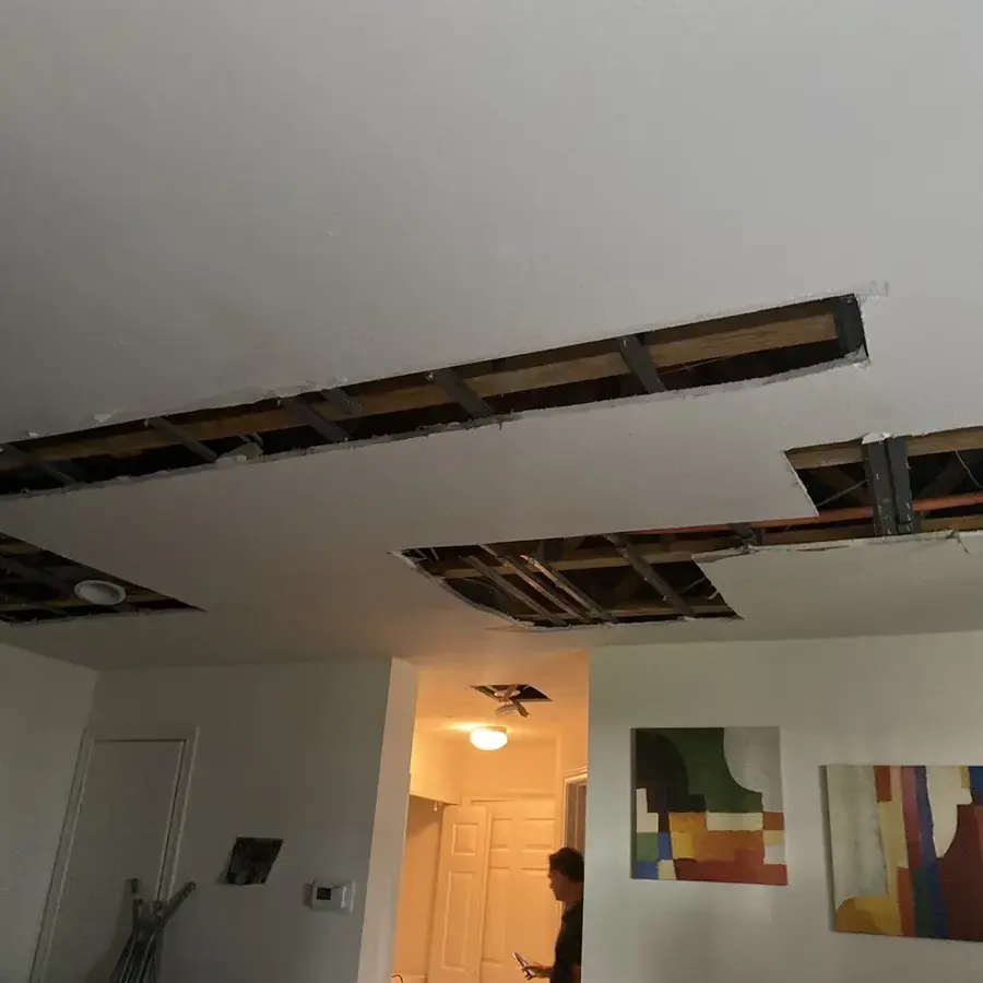 Ceiling drywall cut open in strips to dry the joist bays after a leak from above