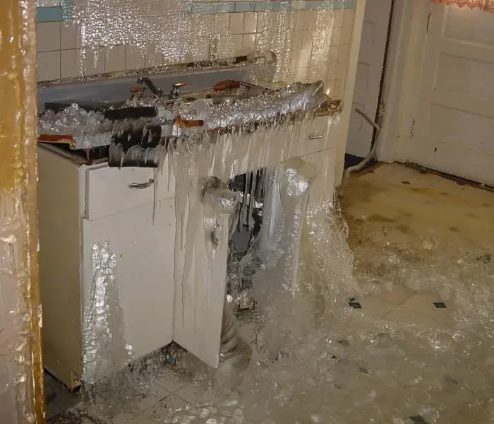 Ice coating a sink cabinet and floor after a pipe froze and split