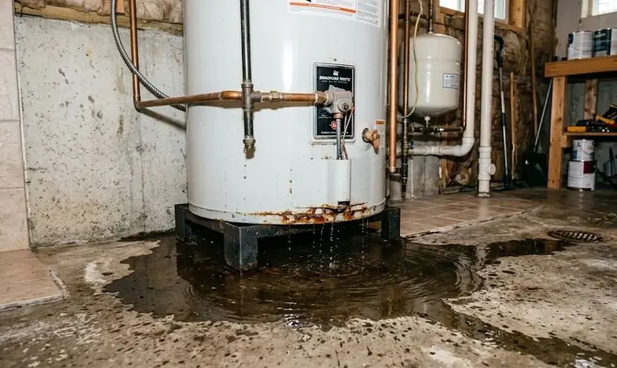 Rusted tank water heater leaking across a basement concrete floor